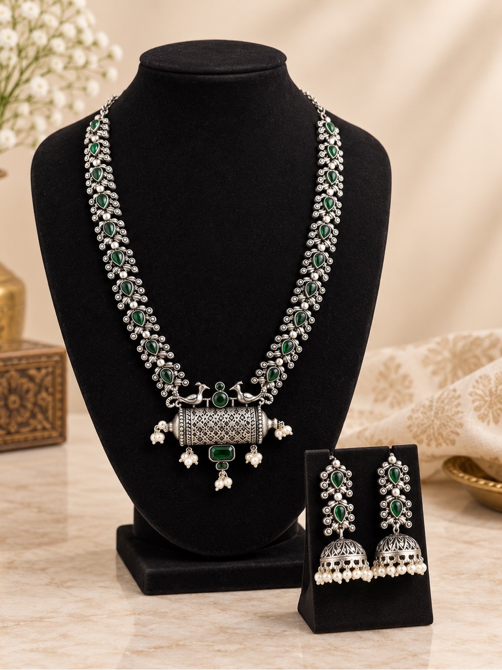 Green and Silver Traditional Necklace Set with Jhumka Earrings